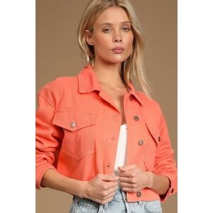 Lulus Heard About You Coral Cropped Twill Jacket Pink - Size S